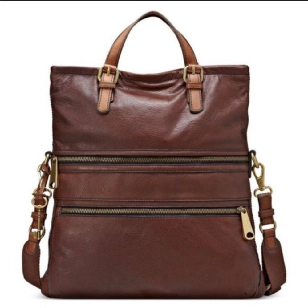 Fossil Explorer Brown Pebbled Leather Fold-Over Crossbody Tote Bag Purse